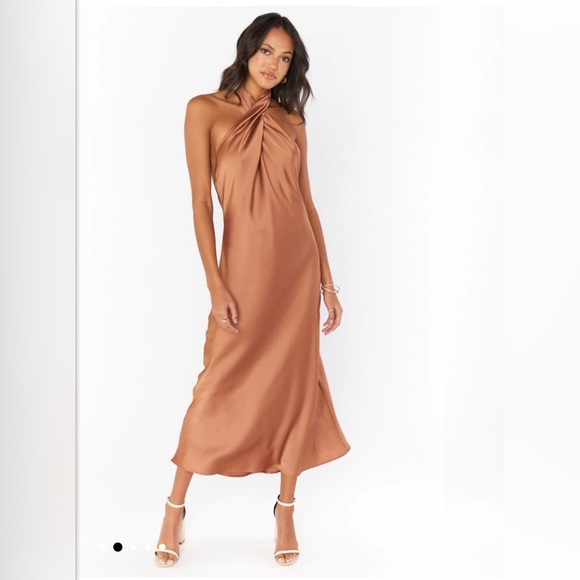 Show Me Your MuMu Dresses & Skirts - Show me your mumu Jasmine Halter Midi Dress ~ Copper Luxe Satin